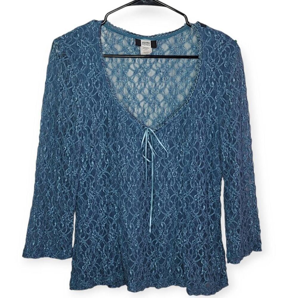 Studio 1940 Women's Vintage Y2K Romantic Feminine Lace Blouse Blue size Large